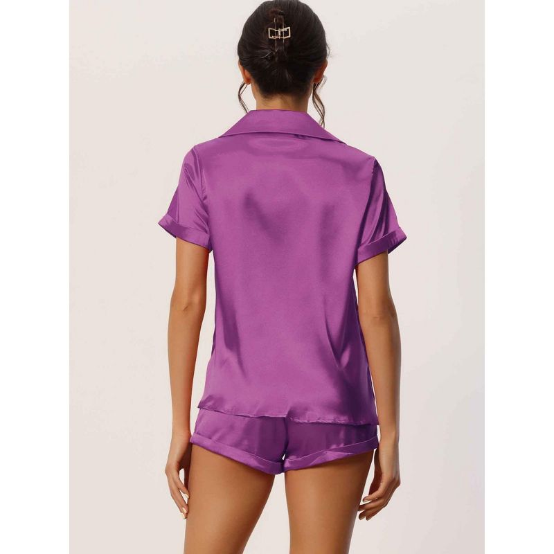 cheibear Women's Satin Button Short Sleeve Shirt and Shorts 2 Pcs Pajama Set, 3 of 6