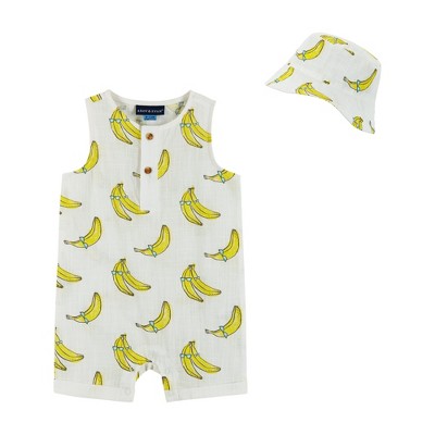 Image of Andy & Evan Infant  White Banana Print Tank Romper w/Bucket Hat, Size 6-9 Months.