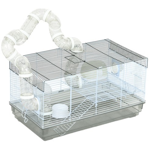 Pawhut 2 Levels Hamster Cage For Gerbil Or Dwarf Hamster With Tube Tunnels Exercise Wheel Food Dish Water Bottle Ramp 23 X 13 X 12