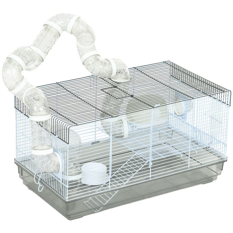 PawHut 2 Levels Hamster Cage for Gerbil or Dwarf Hamster with Tube Tunnels, Exercise Wheel, Food Dish, Water Bottle, Ramp, 23" x 13" x 12", Gray, 1 of 7
