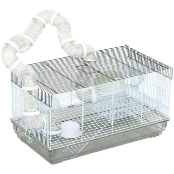 PawHut 2 Levels Hamster Cage for Gerbil or Dwarf Hamster with Tube Tunnels, Exercise Wheel, Food Dish, Water Bottle, Ramp, 23" x 13" x 12", Gray