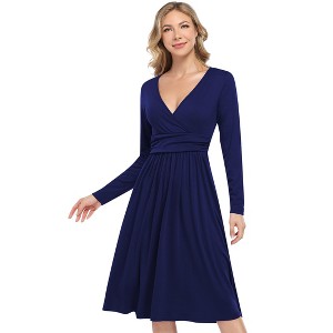 Wome's Plain Long Sleeve V Neck Ruffle Dress A-Line Flowy Party Dresses - 1 of 3