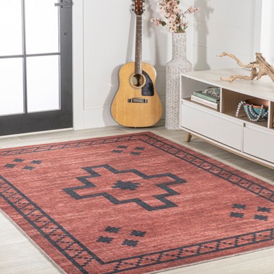 Korsa Red and Dark Gray Geometric 9' x 12' Washable Area Rug