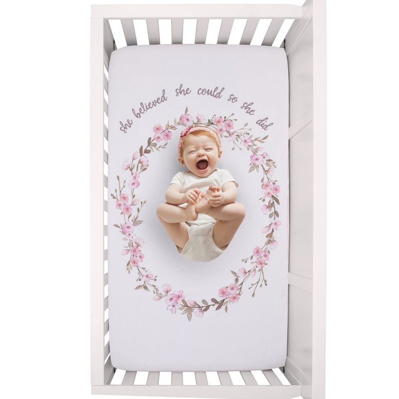 NoJo Flower Fairy Pink, White, and Taupe She Believed, She Could, So She Did 100% Cotton Nursery Photo Op Fitted Crib Sheet, 4 of 5