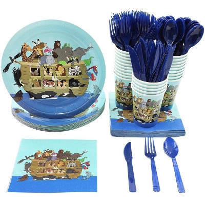 Blue Panda Noah’s Ark Animals Baby Shower Party Supplies - Plates, Knives, Spoons, Forks, Napkins, and Cups, Serves 24