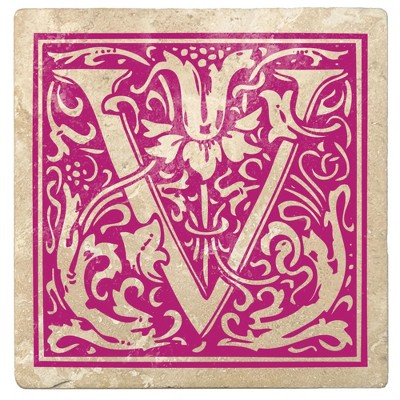 Christmas by Krebs 4pc Ivory and Tutti Frutti Pink Alphabet "V" Square Monogram Coasters 4"
