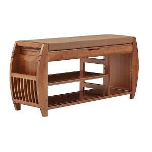 Shoe Stool, Entrance Shoe Cabinet, Bamboo Wooden Shoe Organizer with Hidden Storage Space, Removable Cushions - 1 of 4