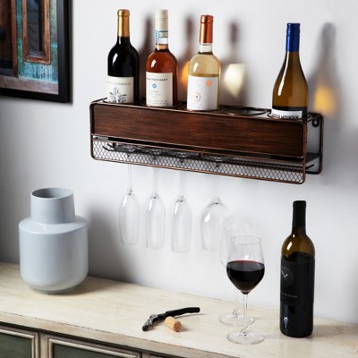 Brown Wood and Iron Wall Mounted Wine Shelf with Stemware Rack