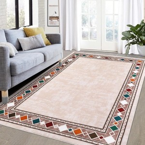 Contemporary Bordered Area Rug, Distressed Geometric Design, Soft Washable Low-Pile Non-Slip, Stain-Resistant and Non-Shedding, Blue, 8'x10' - 1 of 4