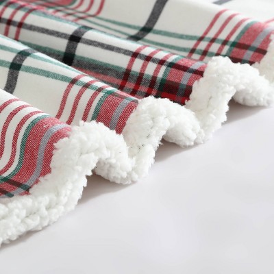 60" Red and Green Plaid Reversible Sherpa Cotton Throw Blanket