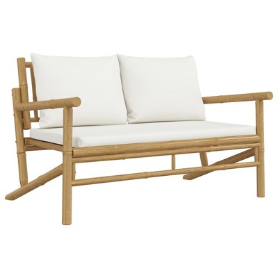 Cream White Bamboo 2-Piece Patio Lounge Set with Cushions