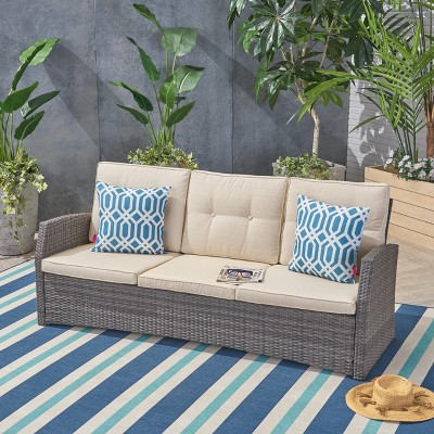 Gray and Beige Wicker Three-Seater Outdoor Sofa with Water Resistant Cushions