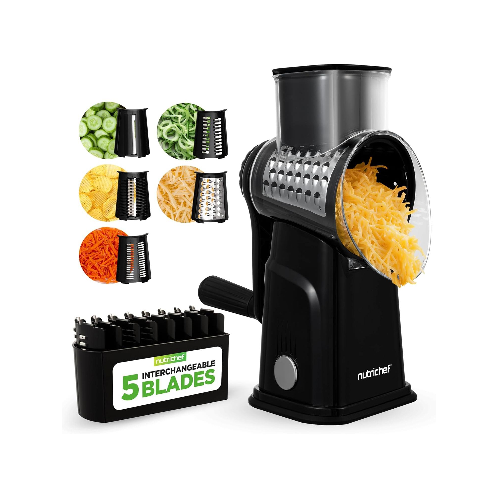 NutriChef Rotary Cheese Grater with Handle and 5 Replaceable Blades - MKTNCCHS5BLDBK (Black)