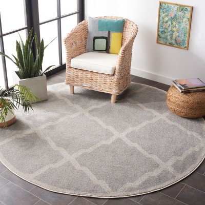 Loomed Geometric Light Grey & Beige Cotton Blend Round Rug