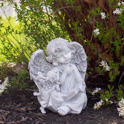 Distressed Gray Cherub Angels Reading Book Garden Statue