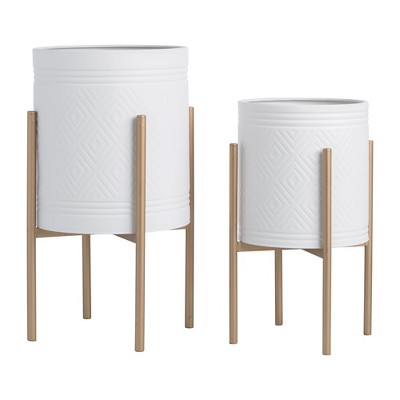 Sagebrook Home Indoor Outdoor Geometric Planters on Metal Stand, Set of 2, White and Gold