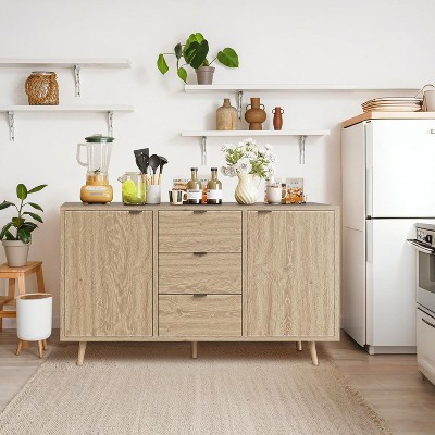 Jojoka Buffet Cabinet with Storage, Sideboard with 3 Drawers & 2 Doors, Adjustable Shelf, Natural Wood Console for Entryway, Hallway, Living Room