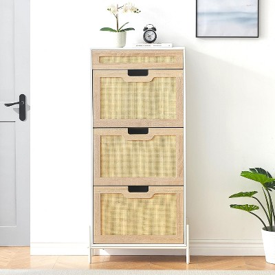 Natural Rattan Shoe Cabinet with 3 Flip Doors and 1 Drawer, Freestanding Shoe Organizer for Entryway, Hallway