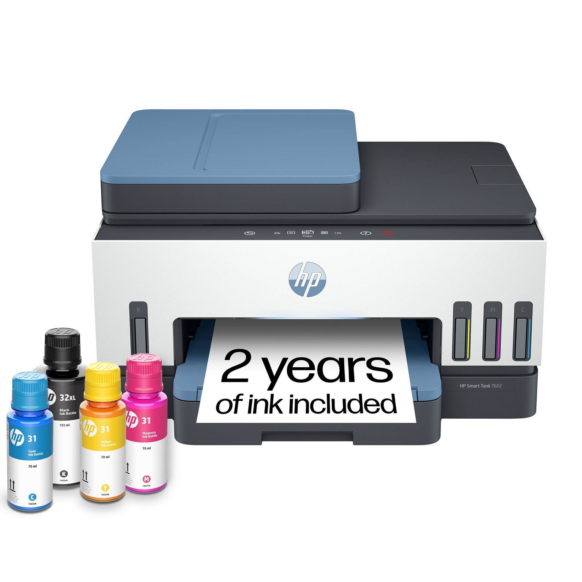 HP Smart Tank 7602 Wireless All-In-One Color Refillable Supertank Printer Scanner Copier (28B98A): Inkjet Printer, 250-Sheet Capacity