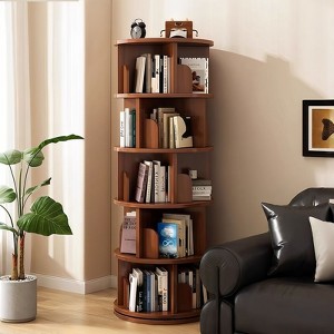 Okak Rotating Bookshelf, Storage Shelves with 5 Tiers, Tall Bookcase for Books and CDs, Storage Organizer for Living Room, Bedroom, Office, Walnut - 1 of 4