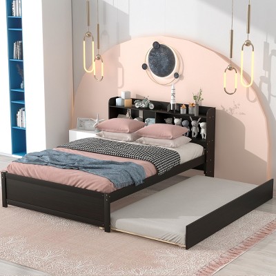 Trundle Bed with Built-in Bookcase Headboard,Wooden Platform Bed with Storage Shelves for Kids Teens,Guest Room-Baofuwish