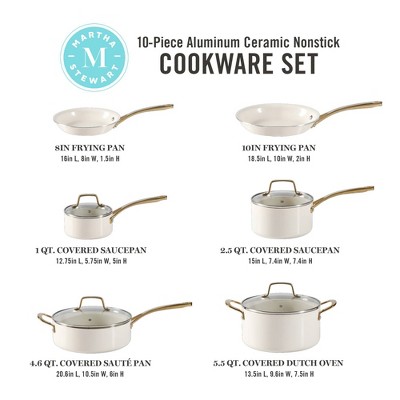 Linen White 10-Piece Nonstick Enamel Aluminum Cookware Set with Gold Handles