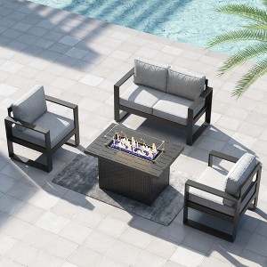 LayinSun 4 Pieces Aluminum Outdoor Patio Furniture Set, Metal Modern Conversation Sofa Set with Fire Pit Table and Washable Thick Cushions - 1 of 4