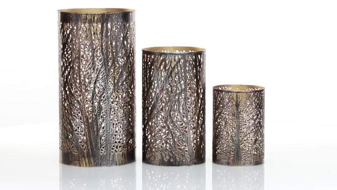 Set of 3 Leafy Cylindrical Contemporary Metal Candle Holders - Olivia & May, 2 of 12, play video