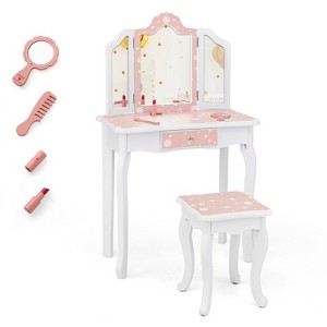 Tangkula Kids Vanity Table and Chair Set Princess Makeup Table with Stool Removable Tri-Folding Mirror - 1 of 4
