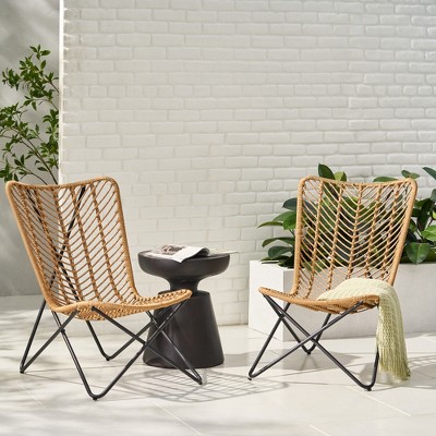 SKRAN Set of 2  Outdoor Lounge Chairs, Boho Style Seating with Wicker and Iron Frame, Patio Garden Accent Chairs Set with Curved Back, Light Brown