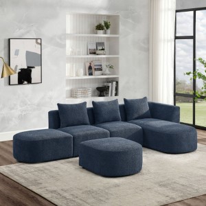 L-Shaped Sectional Sofa-Right Chaise & Ottoman, Navy Loop Yarn Fabric, Modular Design - 1 of 4