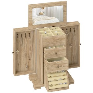 HOMCOM 4-Tier Wooden Jewelry Box for Women, Large Jewelry Organizer with Mirror and 2 Drawers for Rings Earrings Necklaces Bracelets, Brown - 1 of 4