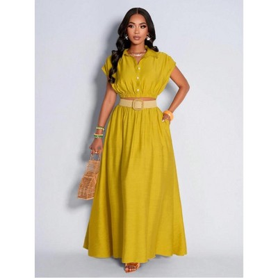 Mocamel Women's Mustard Yellow 2 Piece Set, Shirt Collar Crop Top Skirt, Button Front And Batwing Sleeve, for Office Daily