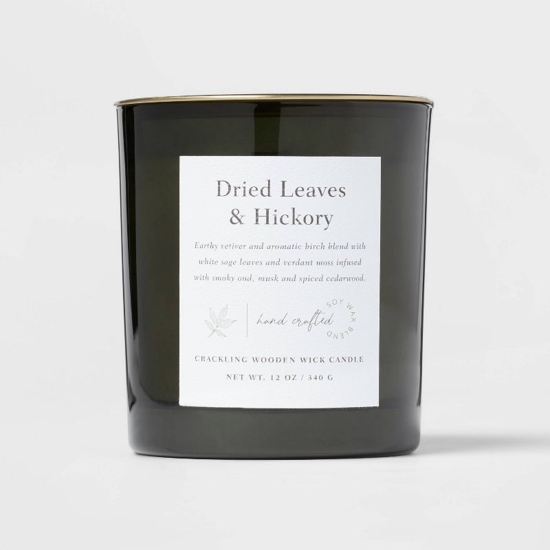 Clear Colored Glass with Woodwick and Brass Metal Inset Lid Dried Leaves + Hickory Candle Green - Threshold™, 1 of 5