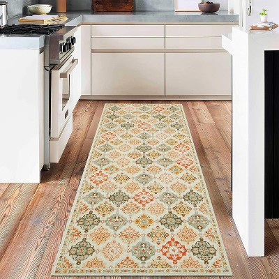 Retro Oriental Rhombus Printed Distressed Rug Washable Thin Low Pile Area Rugs for Living Room Indoor Non Slip Soft Carpet for Bedroom
