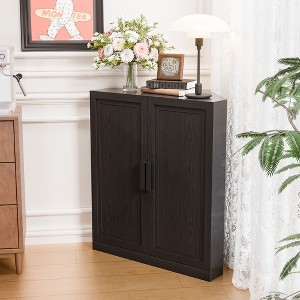 PexFix 36" x 31" Farmhouse Corner Cabinet Wooden Corner Storage Cabinet with Adjustable Shelves for Home Corners Living Room Bathroom Bedroom Black - 1 of 4
