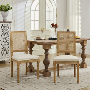 French Dining Chair Set of 2 with Linen Upholstered Seat,Square Rattan Back and Carved Solid Wood Leg for Living Room Kitchen-Baofuwish - 1 of 4