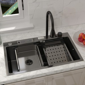 CHEVNI Kitchen Sink Stainless Steel Single Bowl Waterfall Faucet Drop In Top Mount Basin - 1 of 4