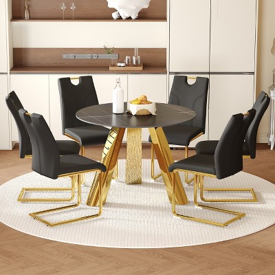FURNIinspire Dining Sets Dining Table Set, 42" Round Black Sintered Stone Dining Table And 6 Black Dining Chairs With Golden Stainless Steels Legs