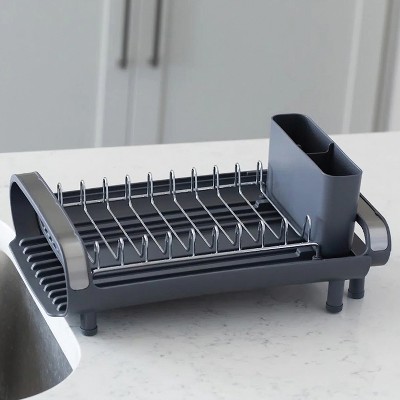 Compact Gray Metal Foldable Dish Rack with Utensil Cup