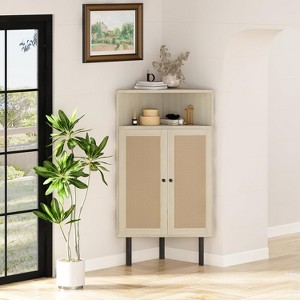 Hooseng Rattan Freestanding Bar Storage Cabinet, 4-Tier Corner Cabinet with Doors and Shelves, Corner Table for Small Spaces - 1 of 4