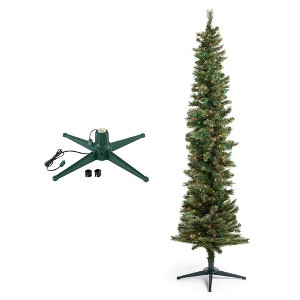 Home Heritage Stanley Pine Artificial Christmas Tree, PreLit 350 Color Lights, 7' with Rotating Metal Base Stand for Indoor Spaces, Green - 1 of 4