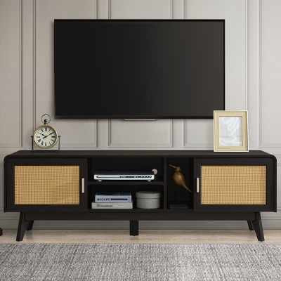 Boho Rattan TV Stand for 65 Inch TVs, Entertainment Console with Storage Cabinets, Media Console with Tapered Legs for Living Room-The Pop Home