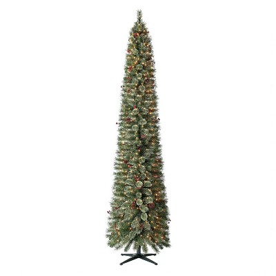 Home Heritage 9 Foot Pre-Lit Skinny Artificial Stanley Pencil Pine Christmas Tree with Clear White Lights, Pine Cones, Red Berries and Foldable Stand