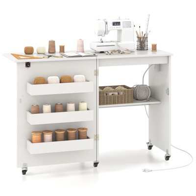 Tangkula Sewing Machine Table with Charging Station Folding Sewing Cabinet w/Lockable Casters