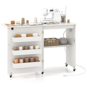 Tangkula Sewing Machine Table with Charging Station Folding Sewing Cabinet w/Lockable Casters - 1 of 4