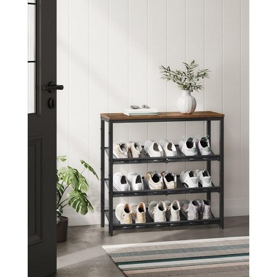 Rustic Brown and Black 4-Tier Metal Shoe Rack with Wooden Top