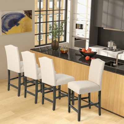 Set of 2 Beige Upholstered Nailhead Bar Stools with Wood Legs