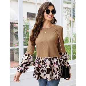 Leopard Print Tops for Women Long Sleeve Tunic Top Rib Knit Babydoll Peplum Top Blouses Ruffles Shirts - 1 of 4