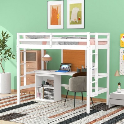 Wooden Loft Bed with Desk, Writing Board and 2 Drawers Cabinet - ModernLuxe